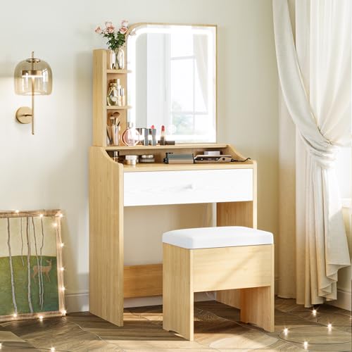 LIKIMIO Small Makeup Vanity Desk with Mirror and Lights, Vanity Table Set with Storage Drawer, Chair and Three Shelves, Bedroom, White
