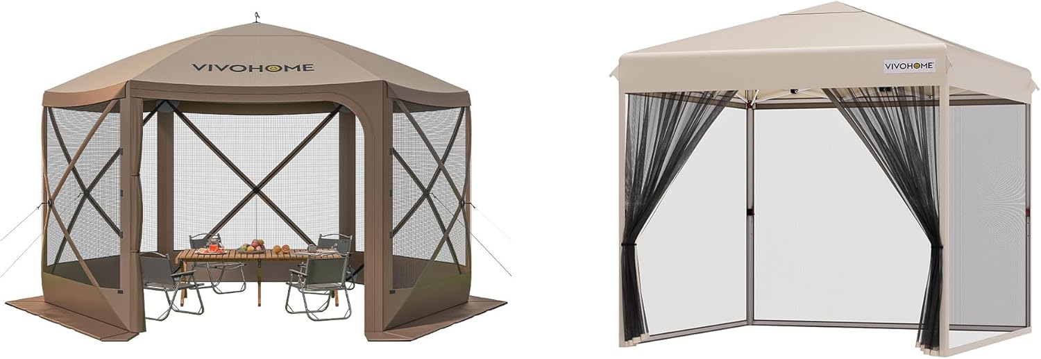 VIVOHOME 12x12ft Pop-Up Gazebo Screen Tent, 6-Sided Instant Outdoor Canopy Shelter with Large Main Door with VIVOHOME 10x10ft Easy Pop-Up Canopy