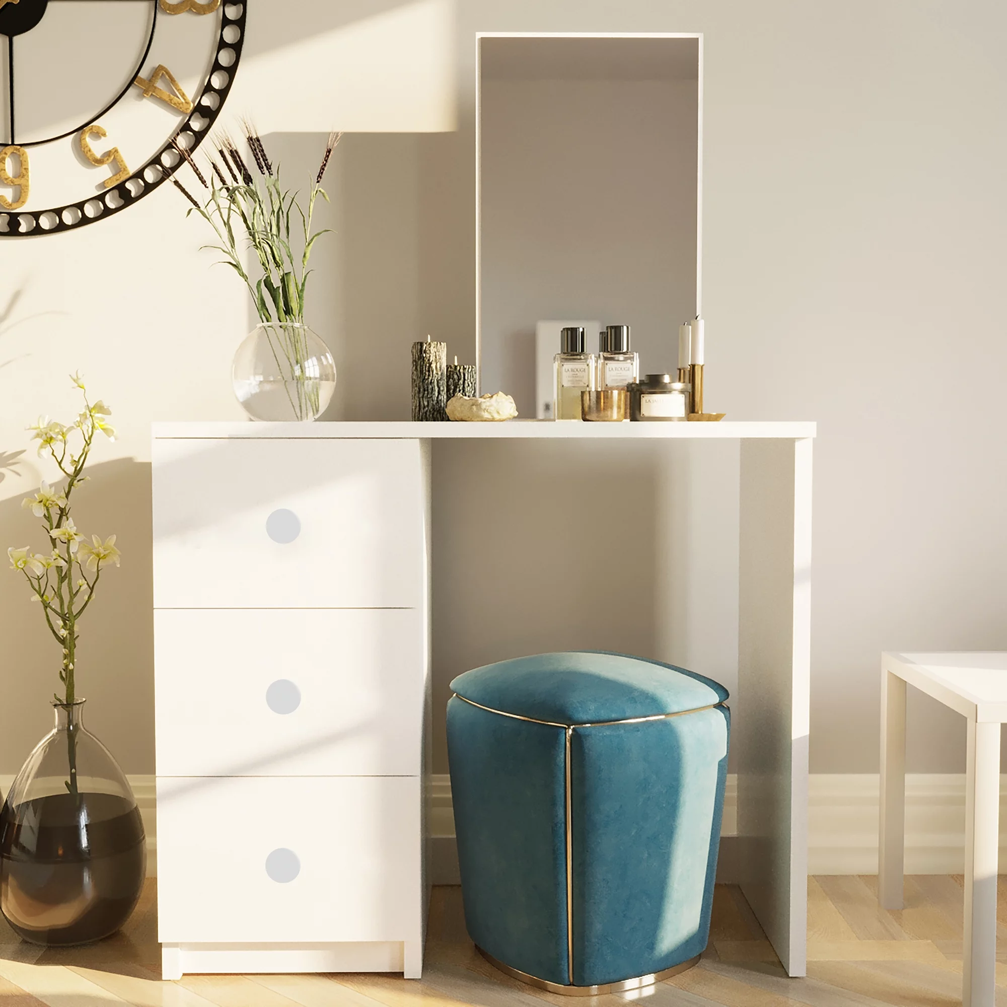 Boahaus Kira Mini Modern Vanity Table 3 Drawers, Mirror, Ample Table Top, White Painted for Bedroom