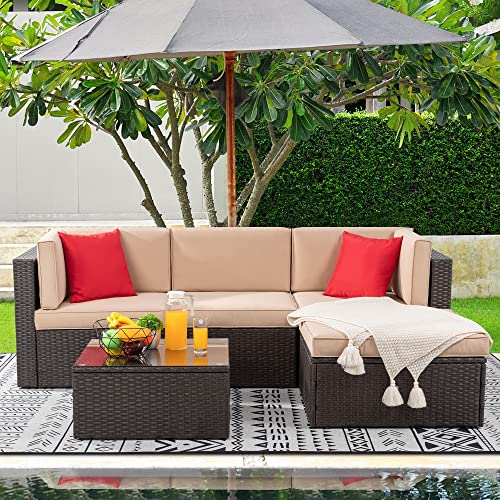 Shintenchi 6 Pieces Patio Furniture Sets Outdoor All-Weather Sectional Patio Sofa Set PE Rattan Manual Weaving Wicker Patio Conversation Set with