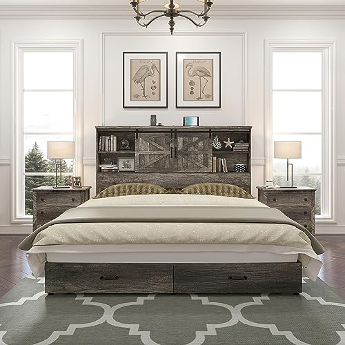 HOWE King Size Bed Frame, Wood Platform Bed Frame with 51.2" Bookcase Headboard, Storage Bed with Sliding Barn Door Charging Station 2 Drawers
