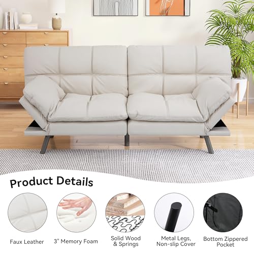 Faux Leather Futon Sofa Bed,Convertible Futon Couch,Memory Foam Loveseat Sleeper Sofa,Small Splitback Modern Folding Couch for Living Room,Office