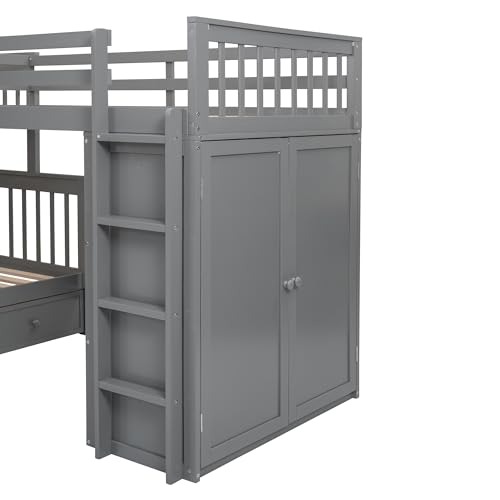 Merax L-Shaped Triple Bunk Bed with Desk & Stairs, Twin & Twin Over Full Bunk Bed for 3, Storage Drawers and Wardrobe Included, for Adults