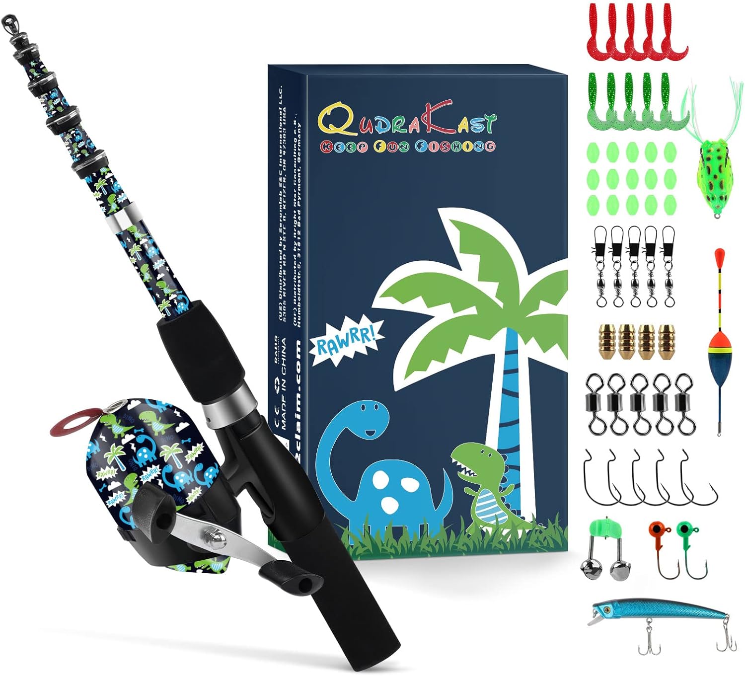 QudraKast Kids Fishing Pole, Portable Kids Fishing Rod and Reel Combo - Melding Funny Cartoon Pattern on Rod and Reel