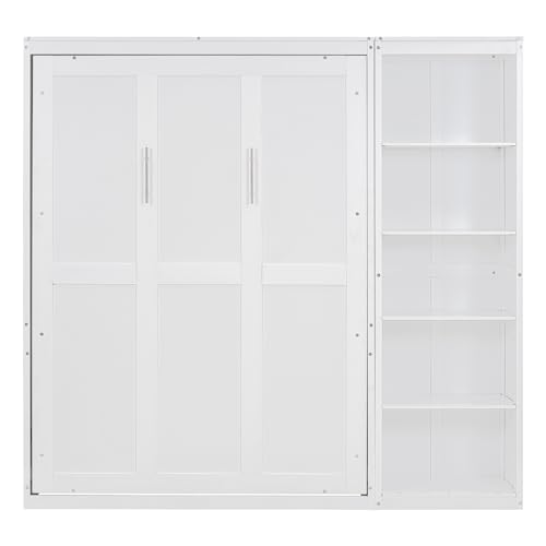 Ball & Cast Queen Size Murphy Bed,Murphy Bed Cabinet W/ 2 Five-Layer Cabinet,Hideaway Wall Bed W/LED Lights,Wood Hidden Bed Frame for Guest Room