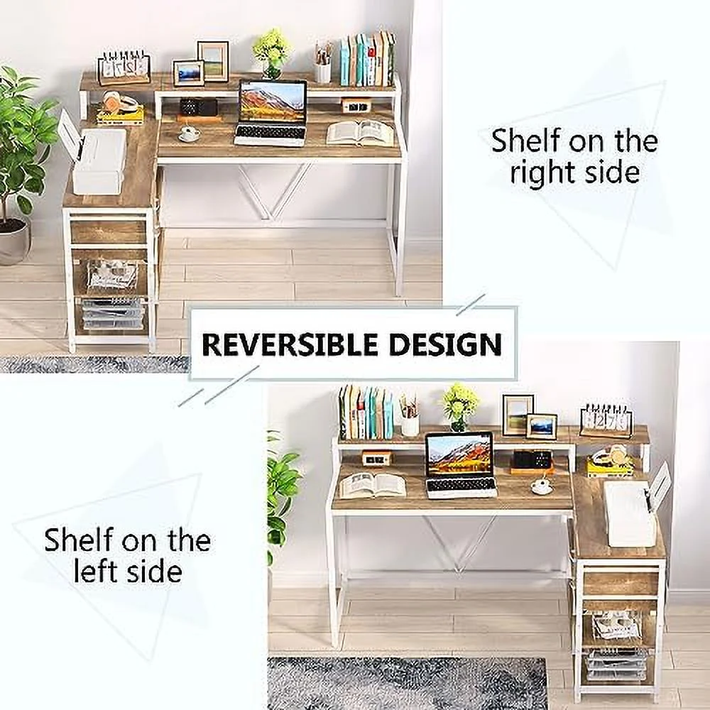 Reversible L Shaped Desk with Drawer  Industrial Corner Desk  Office Table with  Shelves and Monitor Stand  Rustic Wooden and Metal PC Desk for Small