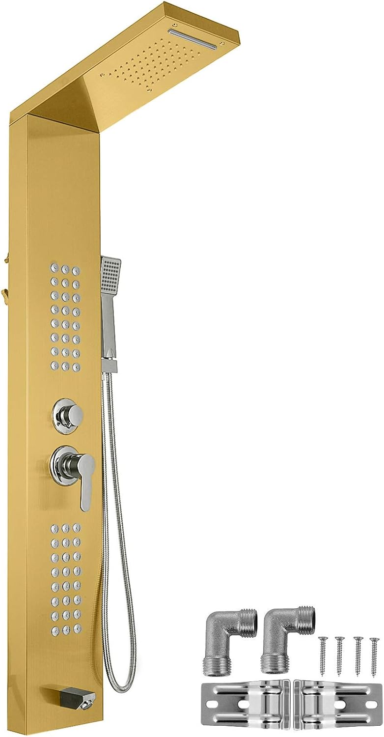 Happybuy 5 in1 Shower Panel Tower System Stainless Steel Multi-Function Shower Panel with Spout Rainfall Waterfall Massage Jets Tub Spout Hand Shower