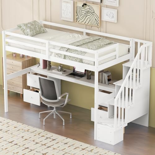 Loft Bed Twin Size, Twin Loft Bed with Desk and 2 Drawers, Storage Stairs, High Guardrail, Pine Frame, Space Saving, Wood Loft Bed for Bedroom (Gray)