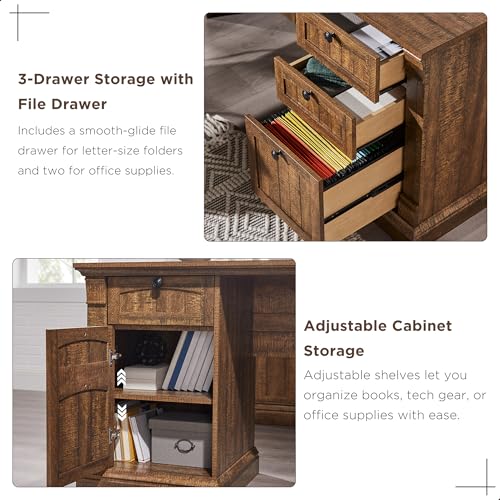 OKD 60" Executive Desk with Drawers, Farmhouse Home Office Desk with Charging Station, Keyboard Tray, File Cabinet Storage