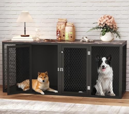 71 Inch Dog Crate Furniture for 2 Dogs, XXL Double Cage with Removable Divider & Large Doors, Heavy Duty Wooden Dog Kennel, Indoor Pet House (Black