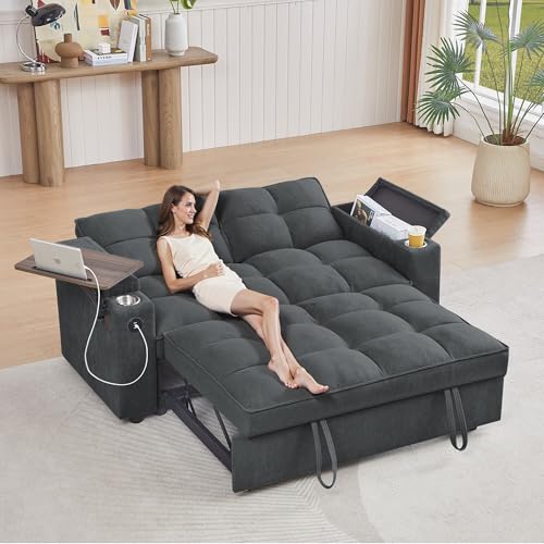 68.11" Corduroy Sleeper Chair Bed with USB Port, Cup Holders & Side Storage Pockets – 3-in-1 Foldable Sofa Bed for Guest Room, Living Room – White