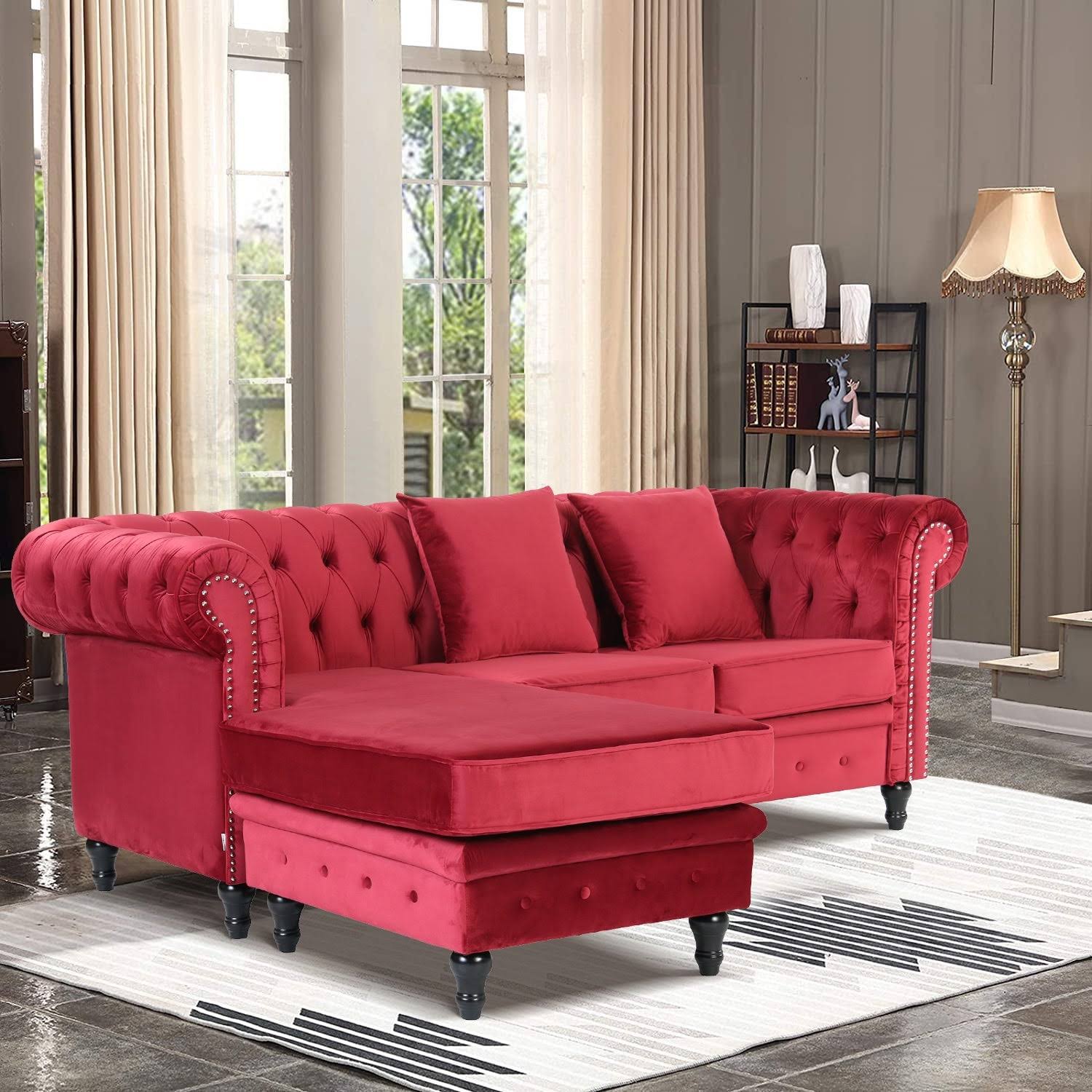 Velvet Chesterfield Rolled Arm Sofa with Ottoman Red