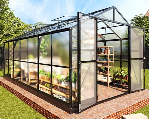 8x12 FT Polycarbonate Greenhouse with Quick-Connect Fittings, Walk-in Large Aluminum Greenhouse with 2 Swing Doors