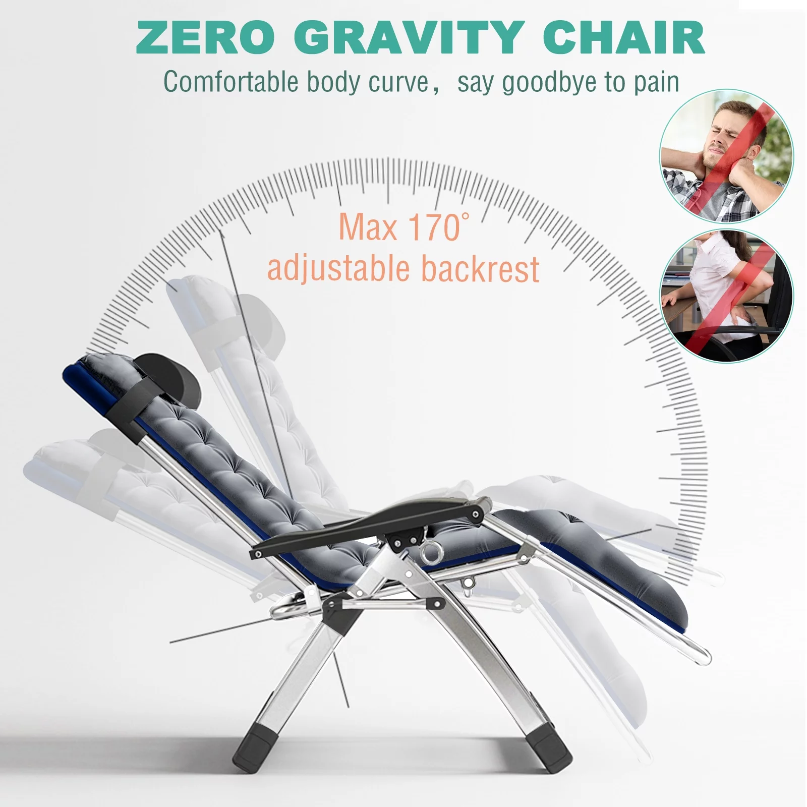Docred Zero Gravity Chair Set of 2 gray Antigravity Outdoor Patio Lawn Lounge Beach Pool Folding Recliner with Adjustable Pillows and Cup Holder Trays