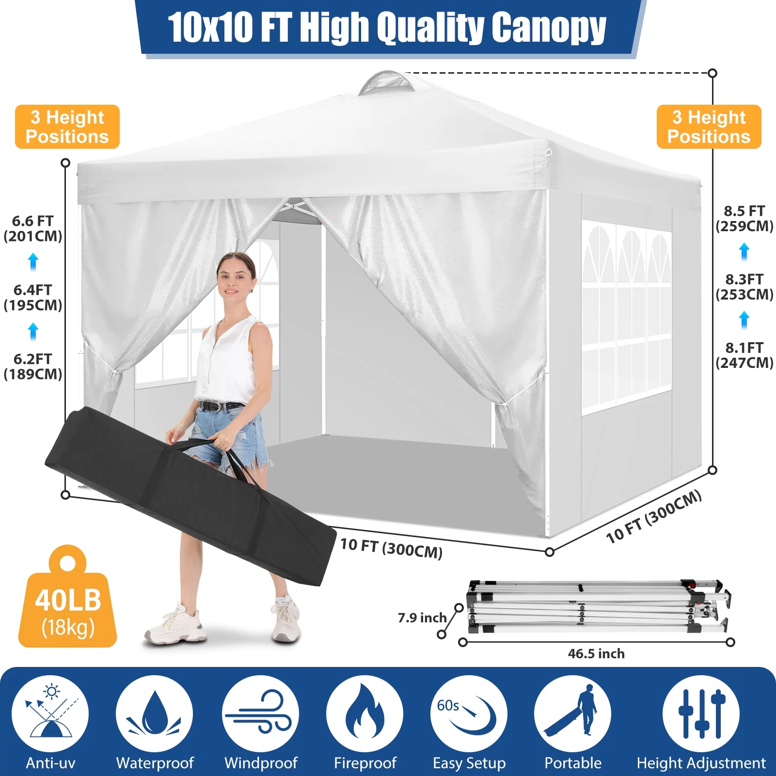 10'x10' EZ Pop Up Canopy with Top Vent, Large Commercial Tent, Waterproof and Sunproof with 4 Removable Sidewalls