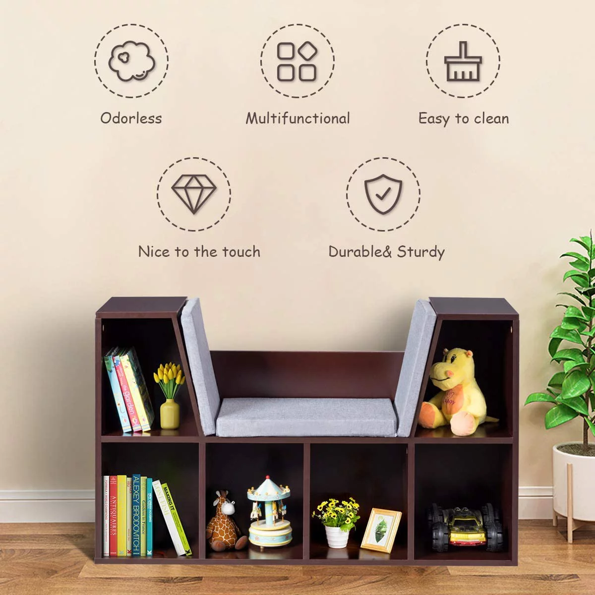 6-Cubby Kids Bookcase w/Cushioned Reading Nook