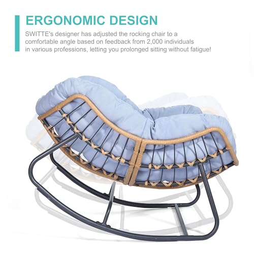 SWITTE Outdoor Rocking Chair, Oversized Patio Papasan Rocker, Comfy Wicker Reading Lounge, Indoor Egg Chair for Bedroom, Living Room, Porch, Garden