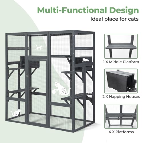 COZIWOW 70Inches Large Stable Spacious Wooden Catio Outdoor Cat Enclosure with Perches and Condos, Cat Cage Indoor with Waterproof Roof