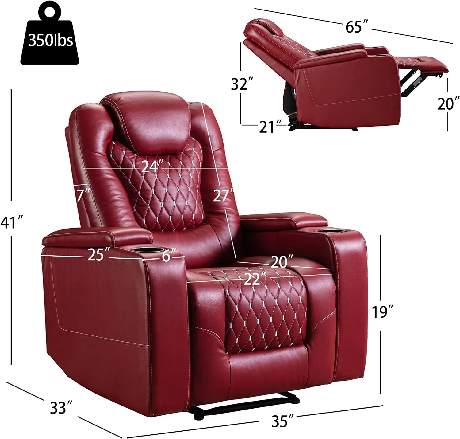 Bonzy Home Overstuffed Electric Home Theater Seating PU Leather Reclining Furniture with with USB Ports and Cup Holders and Hidden Arm Storage - Black