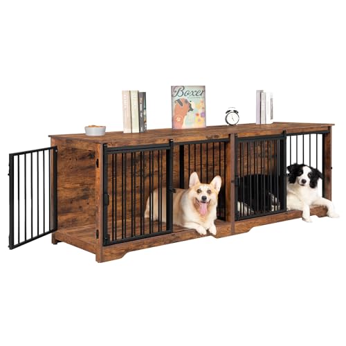78 Inch Dog Cage Furniture for 2 Dogs, Extra Large Breed Double Dog Crate Furniture, XXL Thick Wooden TV Stand, Dog Kennel Furniture with Divider