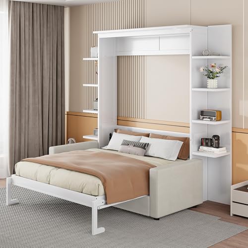 HABITRIO Queen Size Murphy Bed, Wooden Queen Murphy Bed Frame with Shelves, Wall Bed with L-Shape Sofa, White