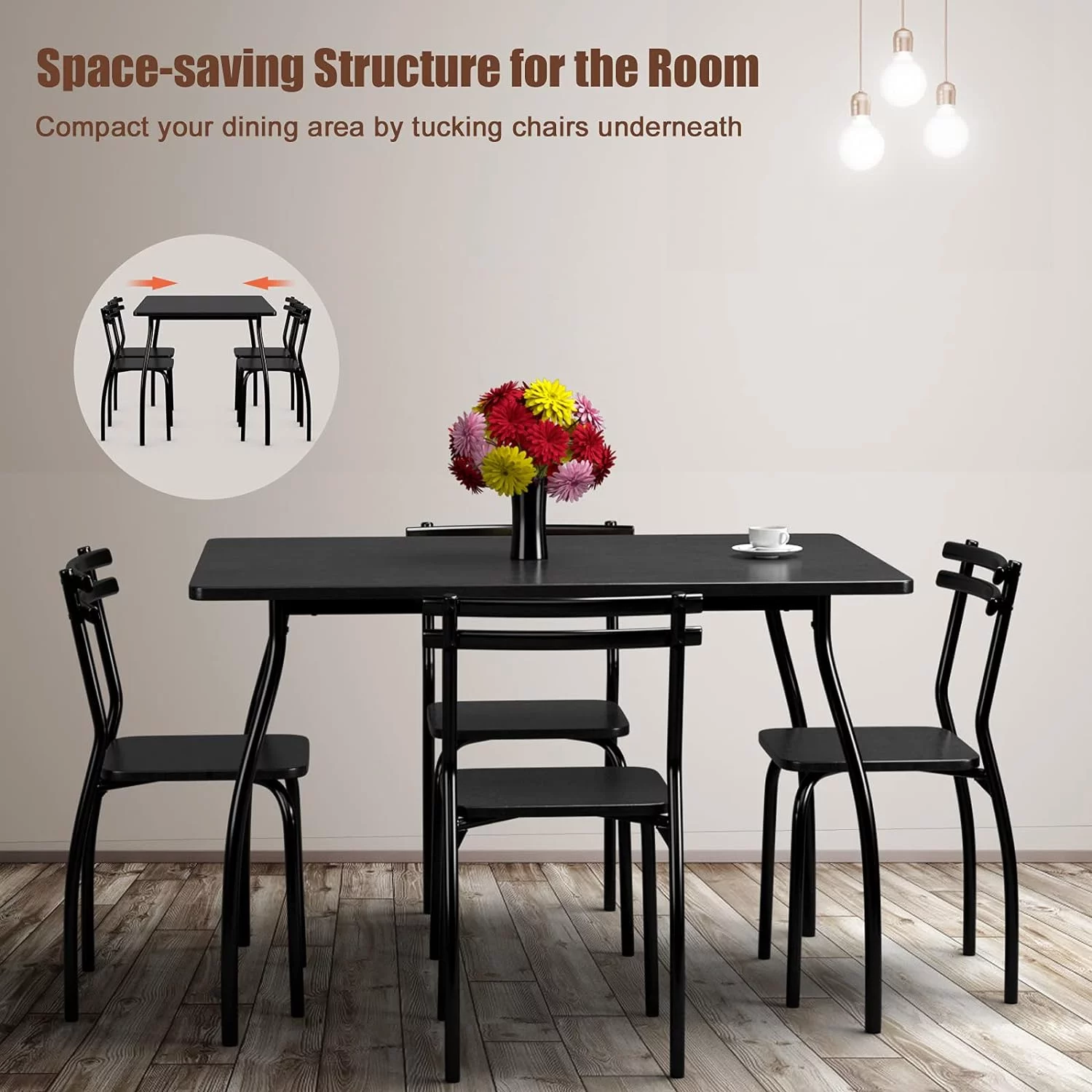 For 4, Modern Metal And Wood Indoor Rectangular Dining Table Furniture Set For Dining Room, Kitchen, Dinette, Table And 4 Chairs W/Metal Legs