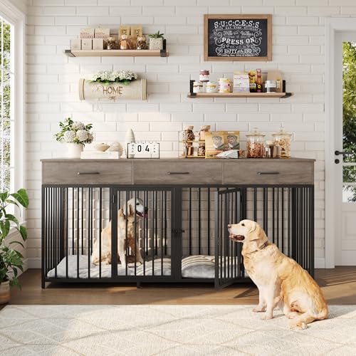 HOSTACK Double Dog Crates Furniture, 71" Wide Indoor Dog Kennel with 3 Drawers, Farmhouse Dog Cage for 2 Large/Medium Dogs
