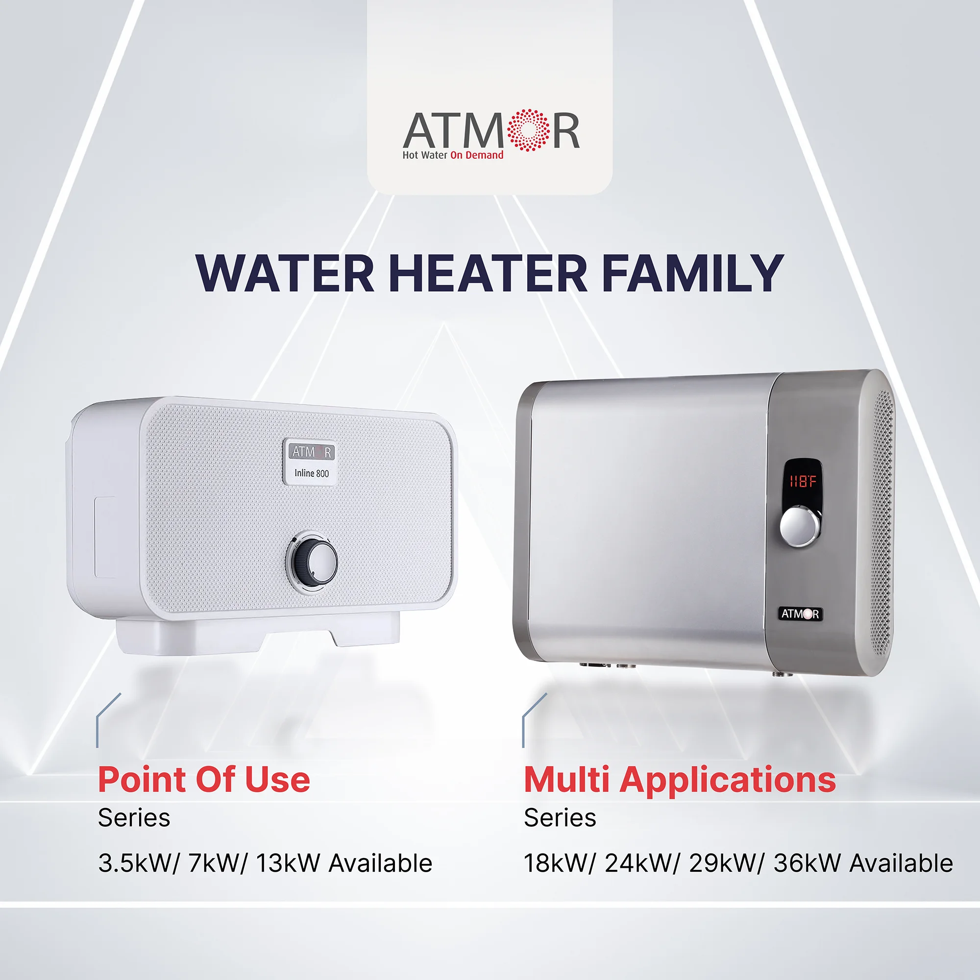 Atmor 29kW 5.4 GPM Electric Tankless Water Heater, ideal for 3 bedroom home, up to 6 simultaneous applications