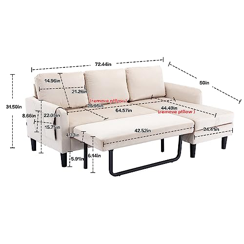 P PURLOVE 3 Seats Sleeper Sectional Sofa with Pull Out Bed,Upholstered L Shape Sofa,Sectional Corner Sofa Couch with Storage Chaise Lounge and Pocket