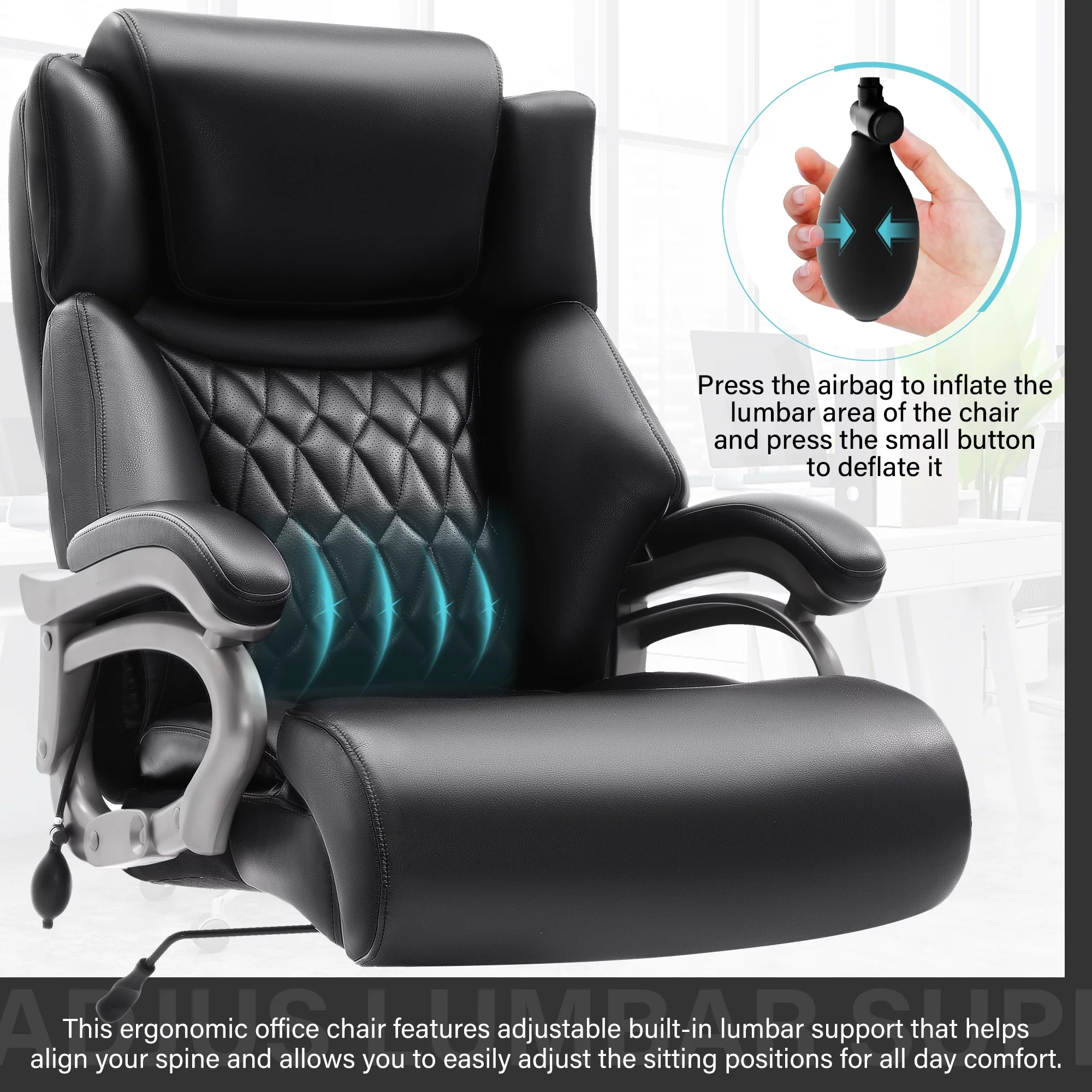 Big and Tall Office Chair 400lbs, Ergonomic High Back Computer Desk Chair, Heavy Duty Leather Executive Office Chair With Adjustable Lumbar Support