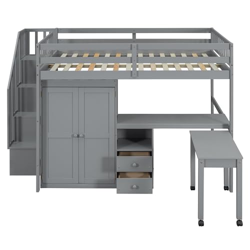 Harper & Bright Designs Twin Size Loft Bed with Stairs and Bookshelf, Wood Twin Storage Bed with Desk & Wardrobe