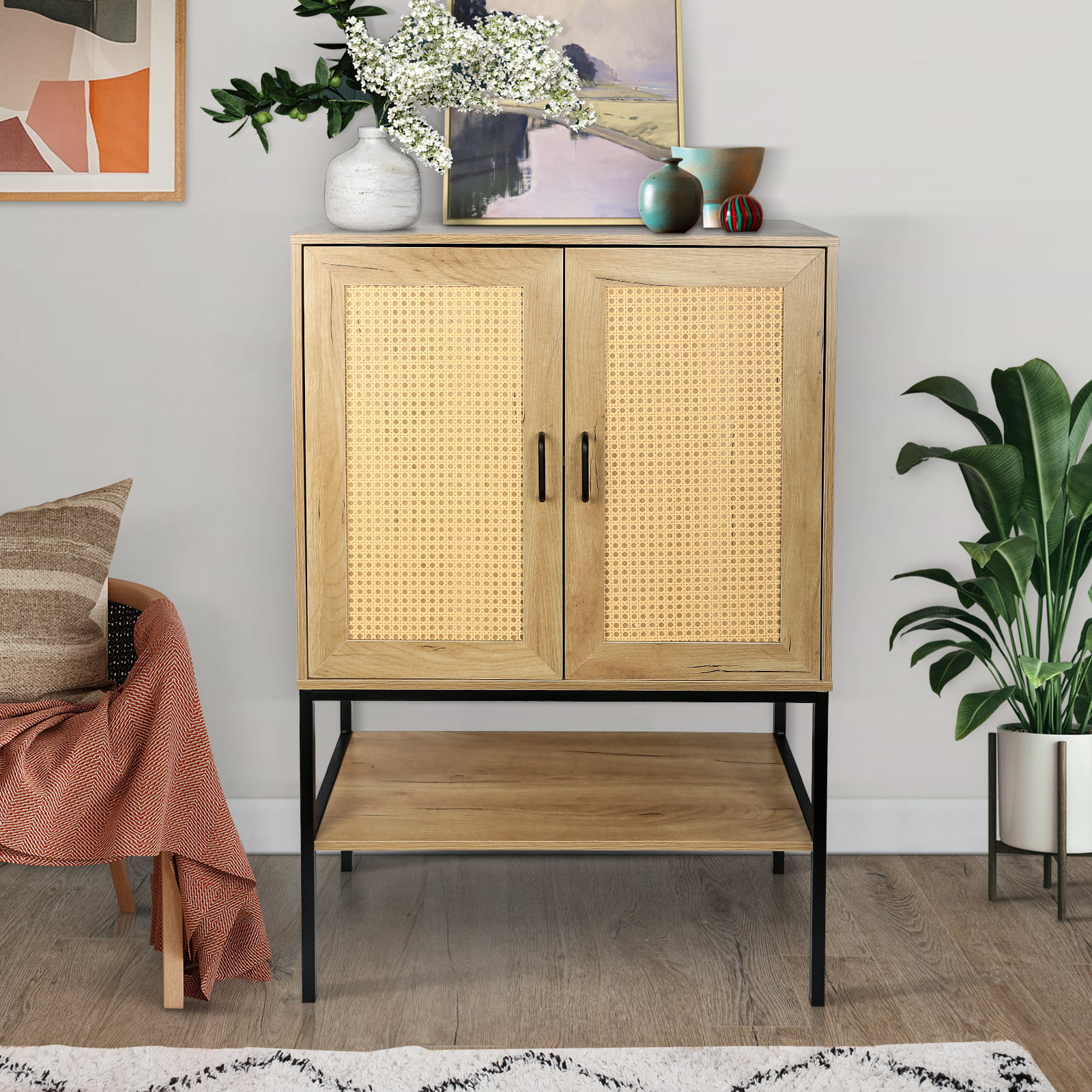 Dcenta Elegant Cabinet with 2 Rattan Doors Bedroom Living Room Kitchen Cupboard Wooden Furniture with Bottom Shelf Easy Assembly Natural Color