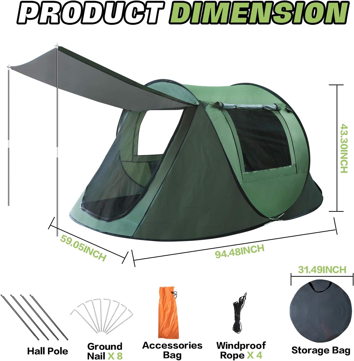 Camping Tent Easy Pop Up Tent, 3/4 Person Outdoor Waterproof Tent Automatic Setup 2 Doors Instant Family Tents with Stability Poles, Carry Bag