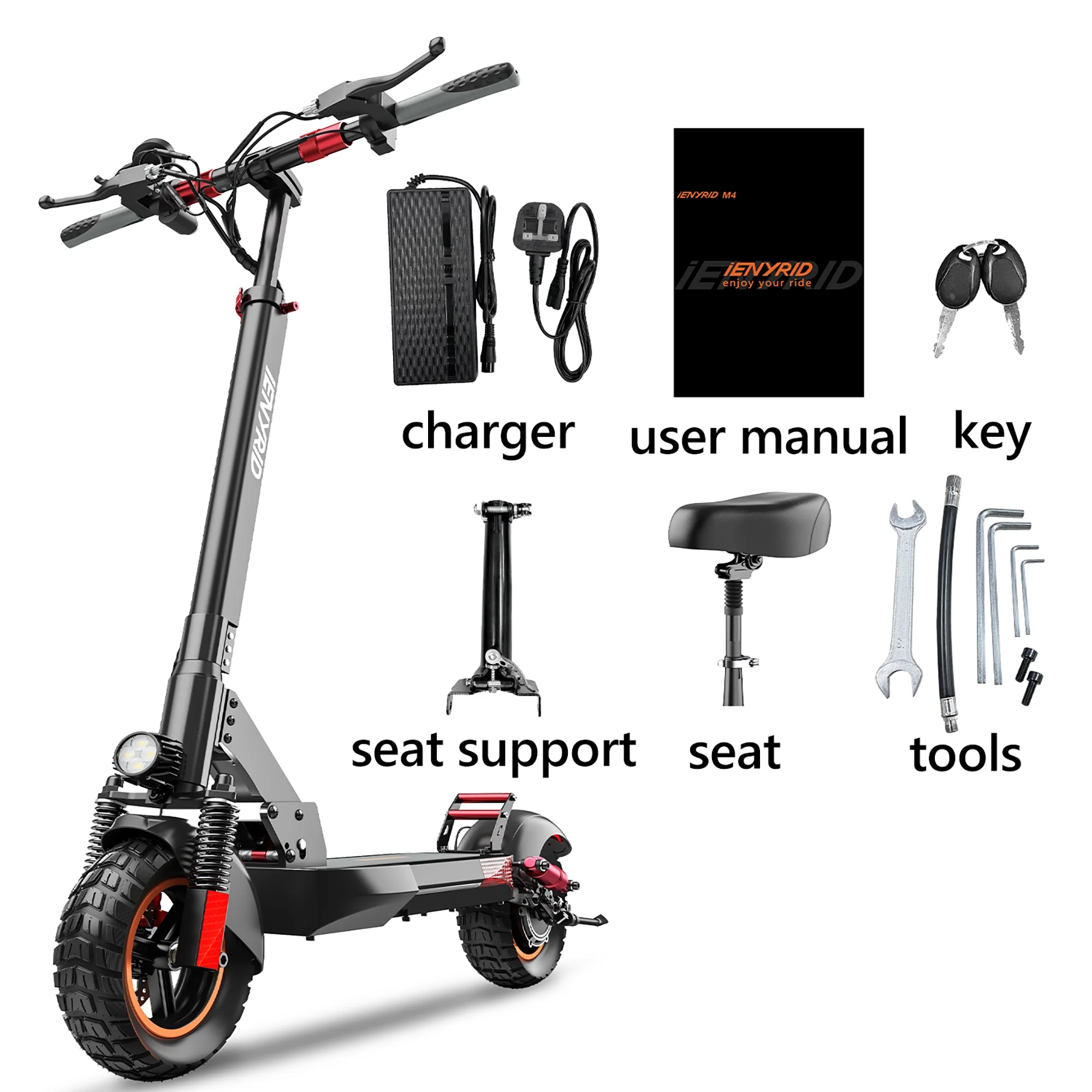 iENYRID M4 Foldable Electric Scooter Adult Electric Skateboard with Seat, 600W Commuter E-Scooter Bikes for Teens Adults w/ 10'' off road Tires