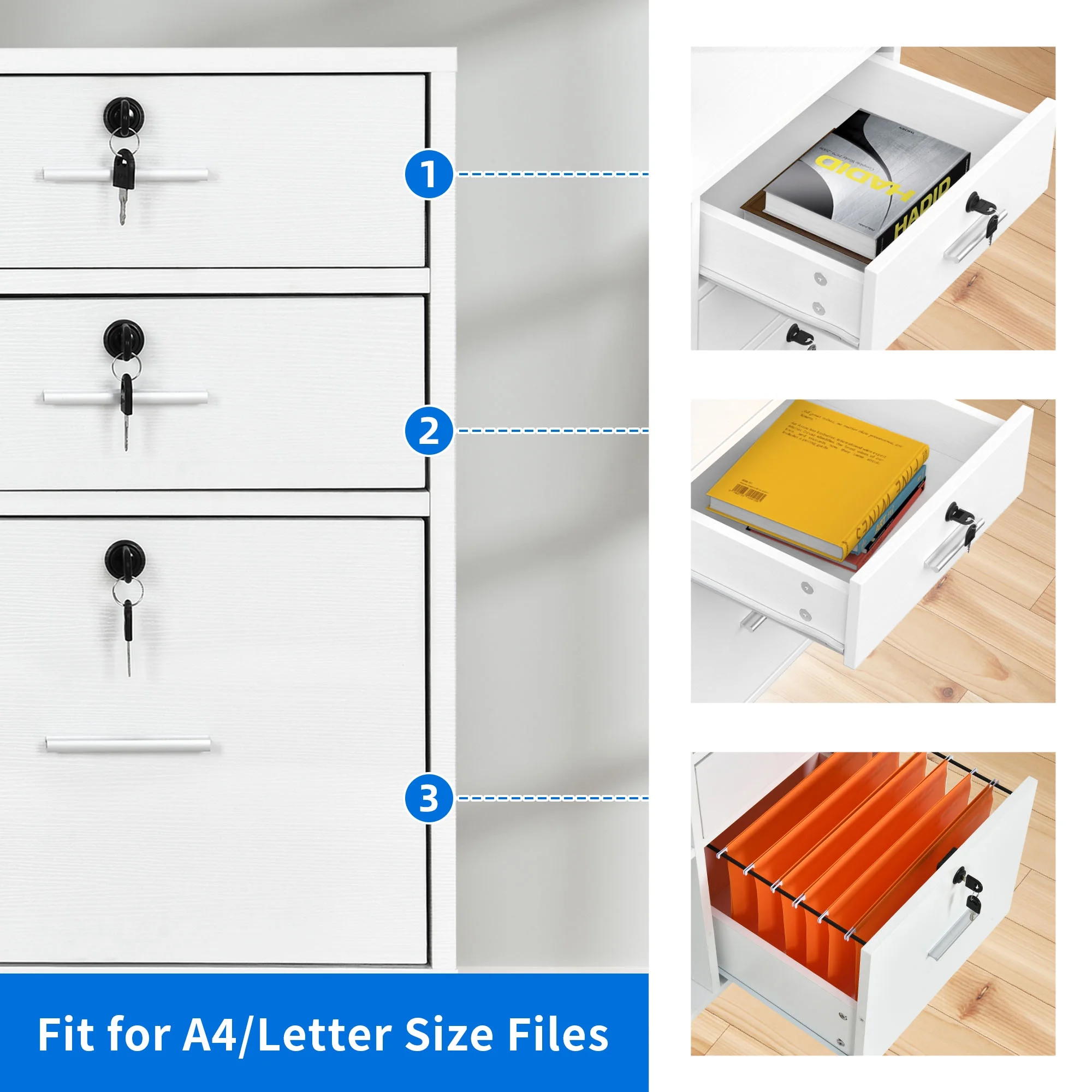 Dextrus 3 Drawer File Cabinet with Charging Station