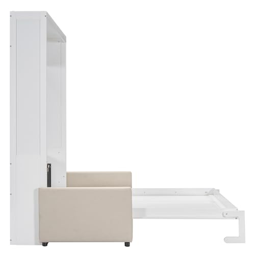 LZ LEISURE ZONE Queen Size Murphy Bed, Wooden Queen Murphy Wall Bed with Cushion and Sofa, for Home Office or Small Room, White