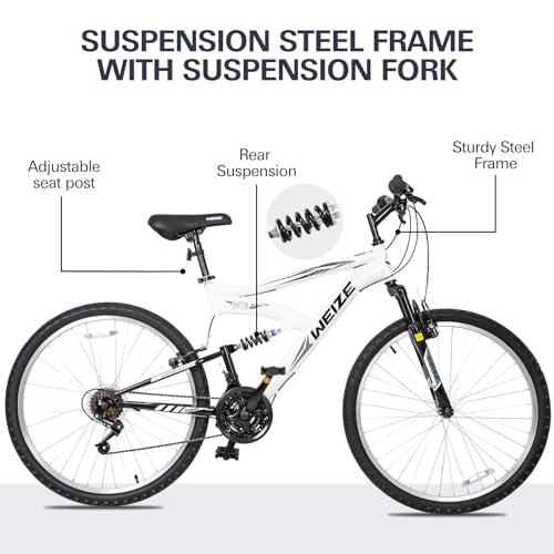 WEIZE Mountain Bike, 26 27.5 inch Outdoor Hybrid Bikes,18-Speed/High-Carbon Steel/Dual Full Suspension, Adjustable Ergonomic Seat for Men Women Adult