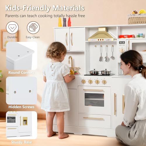 Kinder King Wooden Kids Play Kitchen, Toy Kitchen Playset for Toddler, Play Kitchen Set w/Real Sounds, Pretend Coffee Machine, Kitchen Hood, Sink