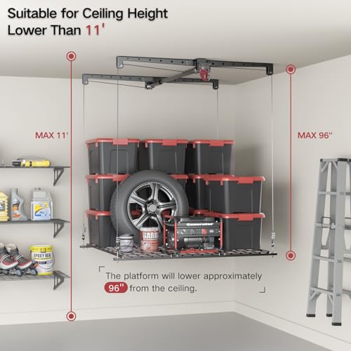 Overhead Garage Storage Rack, Heavy-duty 4x4 FT Ceiling Storage Racks with Safety Lock