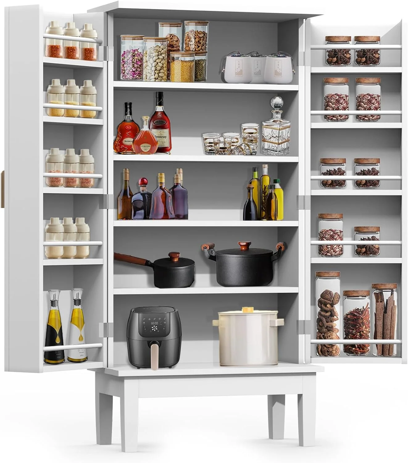 47.2” Kitchen Pantry Cabinet, White Storage Cabinet with Adjustable Shelves, Racks & Gold Handle, Freestanding Kitchen  Cupboard