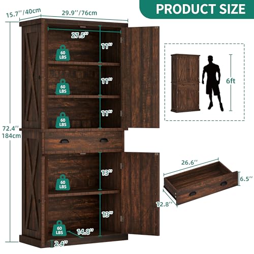 YITAHOME 72'' Tall Kitchen Pantry Cabinets, Farmhouse Storage Cabinets with Barn Doors, Drawer ＆ Adjustable Shelves
