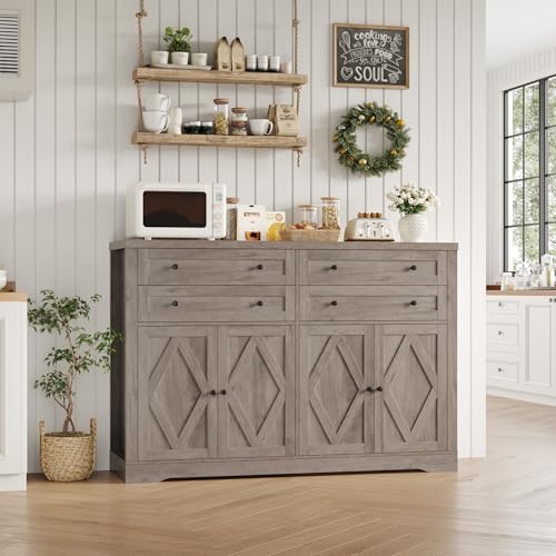 HOSTACK 55" Coffee Bar with 4 Large Drawers, 40" Tall Buffet Cabinet with Storage, Kitchen Storage Cabinet, Modern Farmhouse Sideboard Buffet