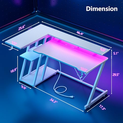 55 Inch Gaming Desk with Power Outlet & LED Lights, L Shaped Gamer Computer Table with Storage Shelves for Bedroom, Corner Home Office Desk