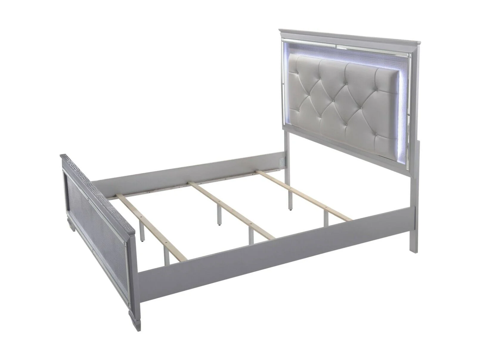 Beautiful 3pc Queen Size LED Upholstered HB Bed Chest Nightstand Wood Bedroom Furniture Set