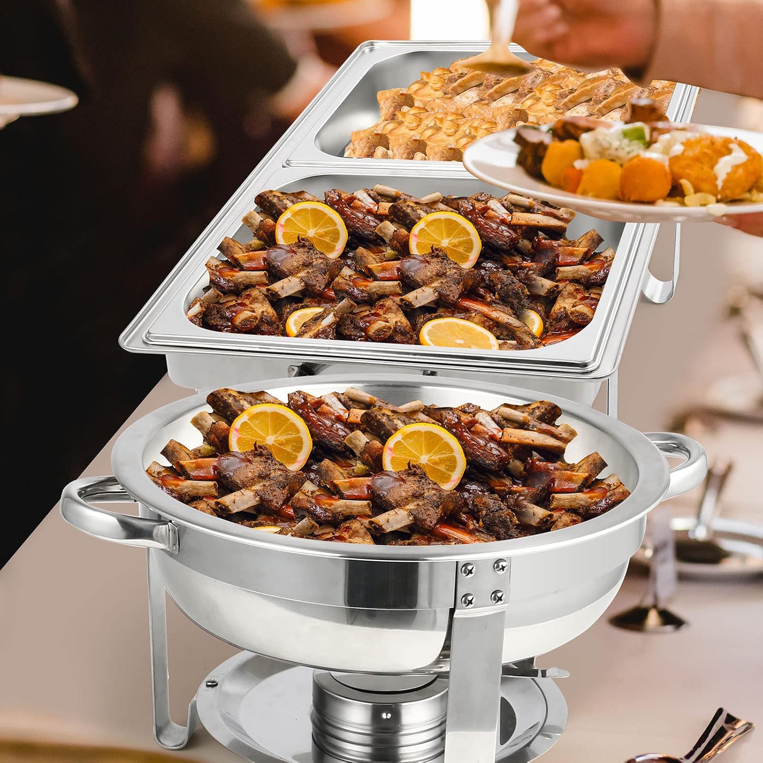 Restlrious Chafing Dish Buffet Set Stainless Steel 5QT Round & 8QT Rectangle Foldable Chafers & Buffet Warmers Set, w/Full & Half Size Food Pan