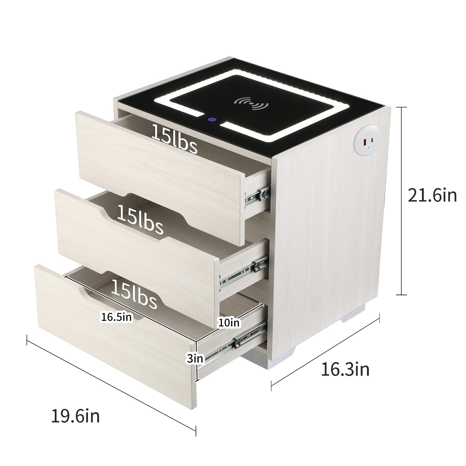 【Furniture】Nightstands Wireless Charging Station and LED Lights, Modern End Side Table with 3 Drawer