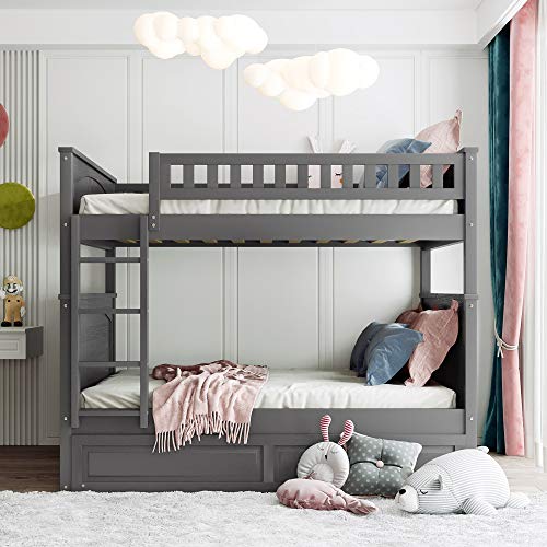 SOFTSEA Twin Over Full Bunk Bed with Slide, Solid Wood Bunk Beds with Stairs for Kids