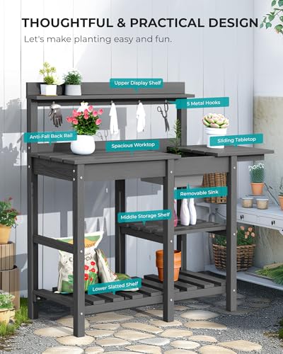 SERWALL Potting Bench Outdoor Potting Table with Sink, HDPE Potting Benches for Outside Gardening Table All Weather Use- Black