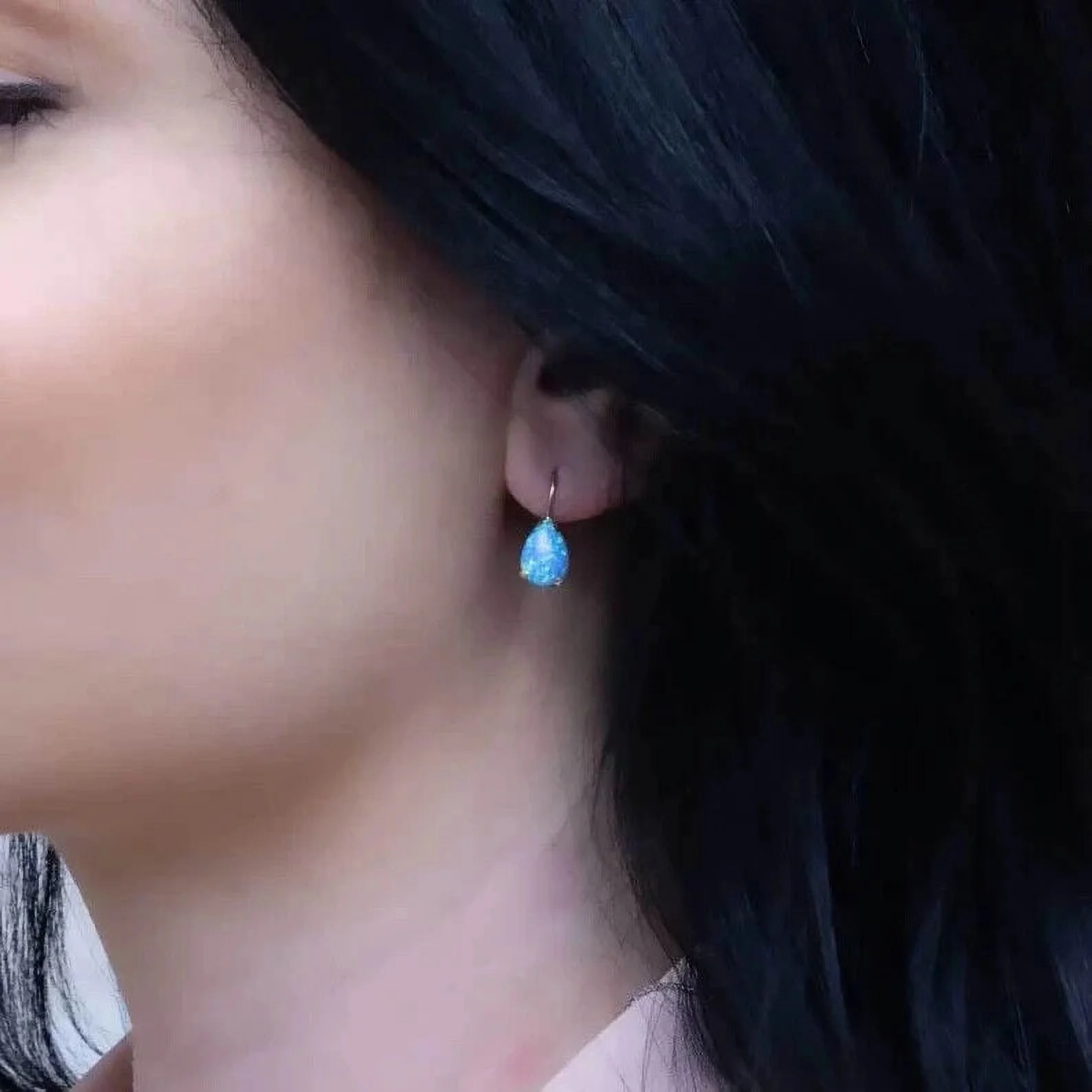 14K Yellow Gold Pear Cut Blue Opal Gemstone Earrings - Teardrop Earrings