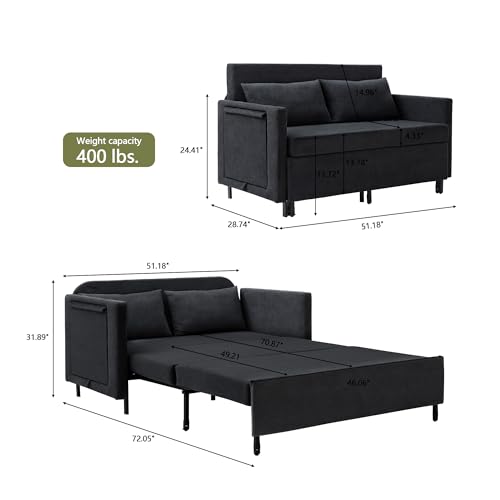 3-in-1 Sleeper Sofa Bed, 51'' Convertible Folding Couch with Pullout Bed, Chenille Futon Sleeper Sofa with Side Table and 2 Pillows